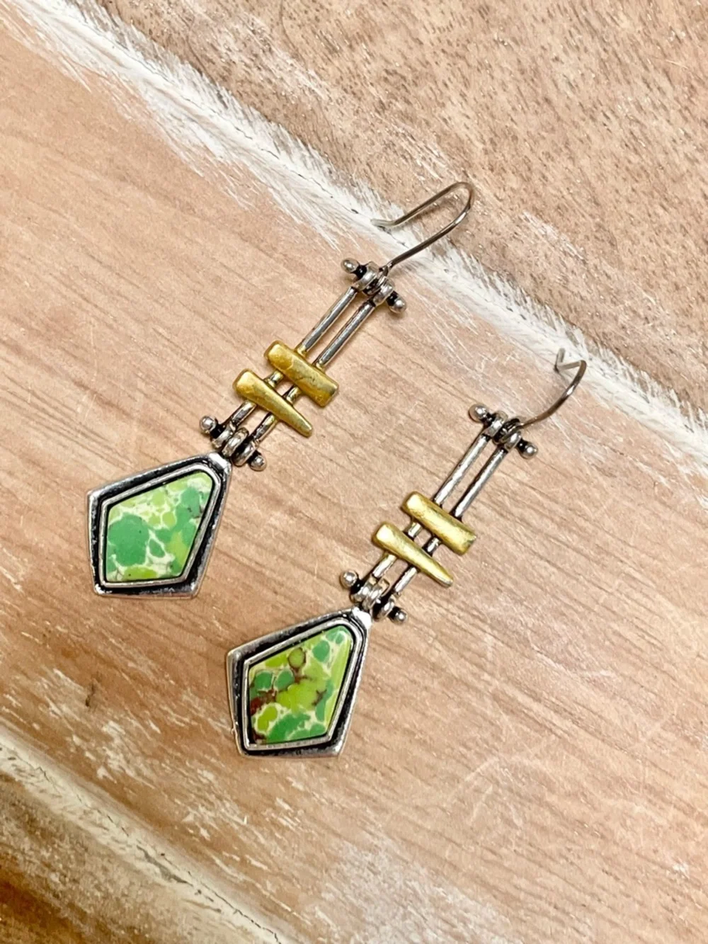 Green Stone Drop Earrings - Mixed Metal Dangle